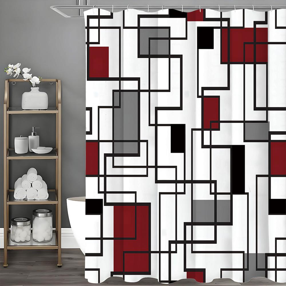 Modern Geometric Square Red Gray Black Shower Curtain, Bathroom Decorative Shower Curtain, Waterproof Shower Curtain with Hooks