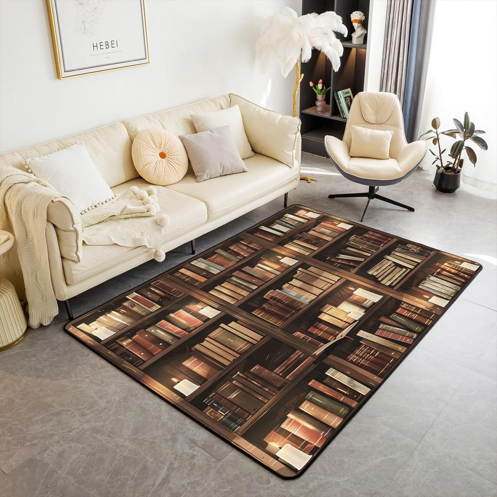 Bookshelf Area Rug for Teen Study Room Decor Library Book Print Carpet Vintage Bookshelf Living Room Doormat Bookcase Floor Mat