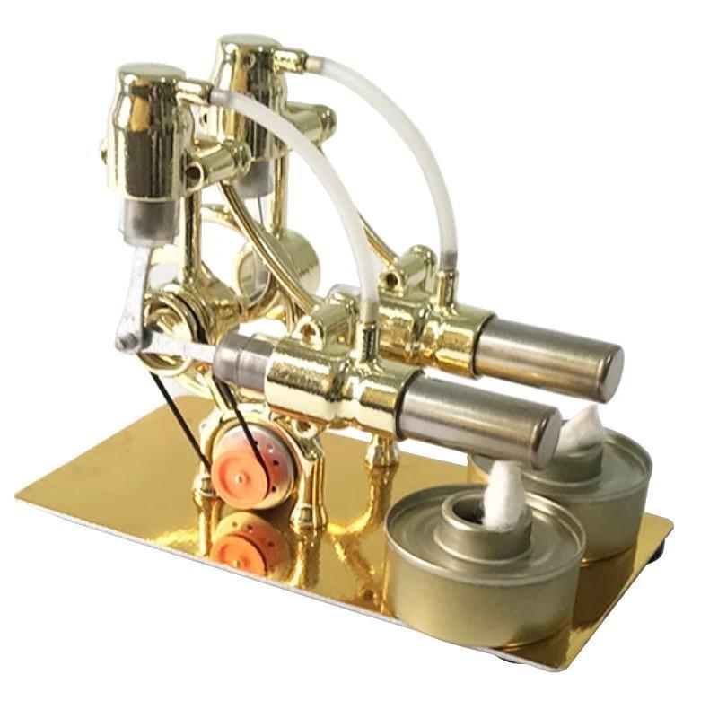 Modello di Motore Stirling a Doppio Cilindro Dorato Esperimento di Insegnamento di Fisica Invenzione di Tecnologia a Vapore Fai da Te Sperimentale Reg