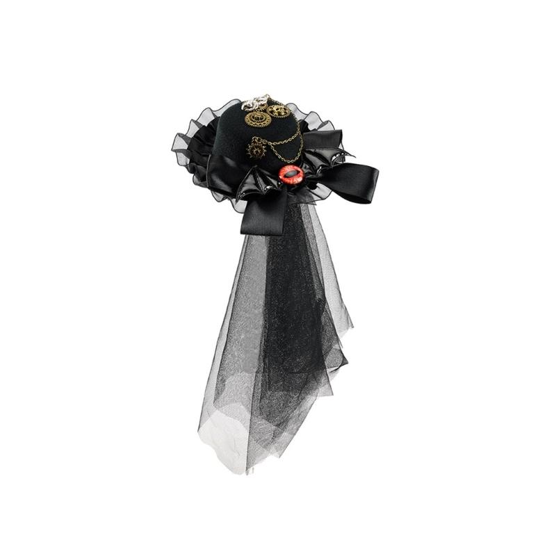 Steampunk Gothic Mini Top Hat with Metal Gear Chain and Lace Trim Unisex Creative Costume Headpiece for Halloween Party Cosplays