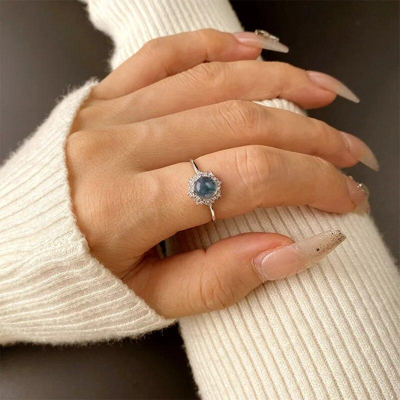Luxurious Natural Stone Texture Different Green Moss Grass Agate Vouple Flower Ring For Women Sterling S925 Silver Gift Jewelry