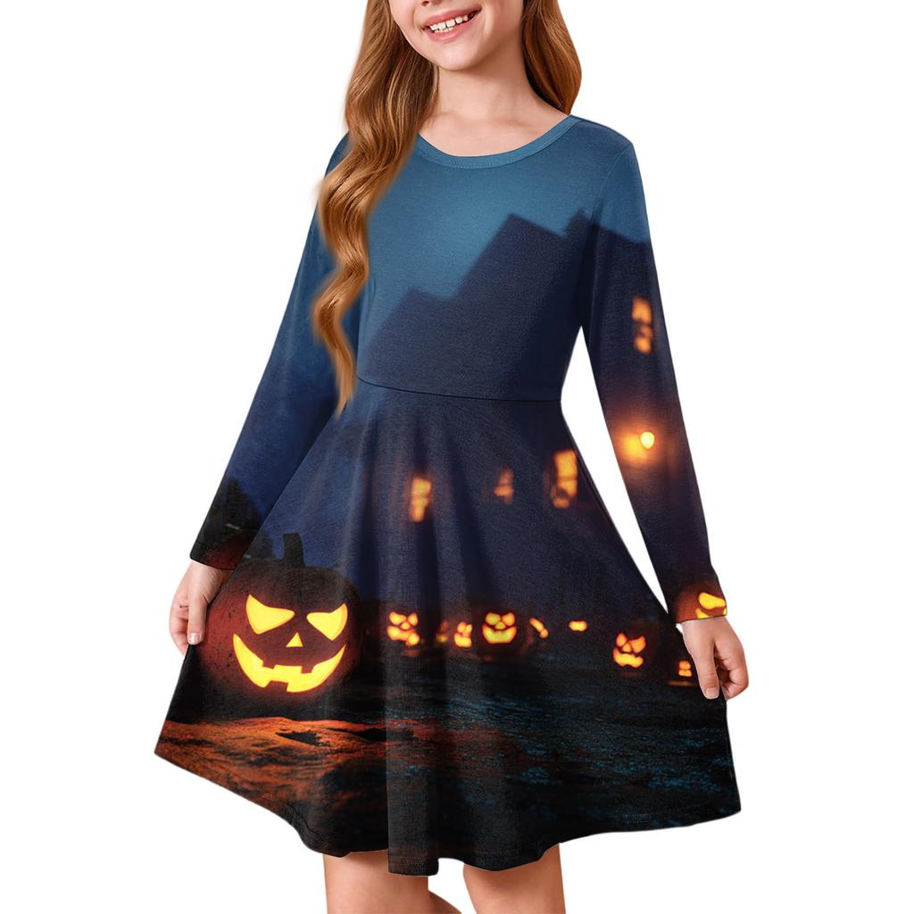 Girls' Summer Princess Dress Halloween Day- Long Sleeve A-Line T-Shirt Dress
