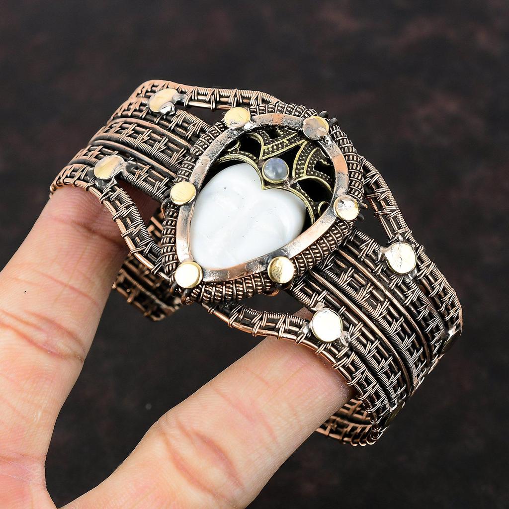 White Carved Bone Face Bangle Gemstone Cuff Bracelet Copper Wire Wrapped Bangle Adjustable Cuff Bracelet Handmade Rainbow Moonstone Bangle