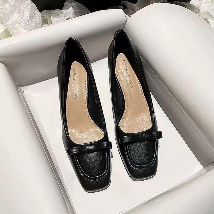 Versatile French Apricot Square Head Thick Heel High Heels, New Temperament Soft Leather Professional Light Mouth Single Shoes In Autumn 2025