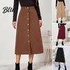 Midi Skirt Single-breasted Solid Color Winter A-line High Waist A-Line Corduroy Dress Streetwear