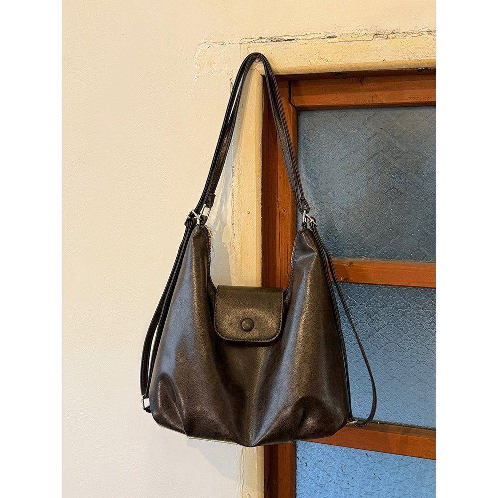 

Retro Soft Leather Double Shoulder Bag, Large Capacity Single Shoulder Tote Bag, Simple Commuter Crossbody Bag кавовий