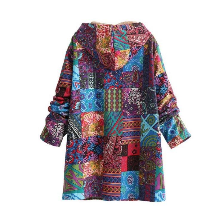 Vintage Women Wind Coat Winter Warm Plush Hooded Cotton Linen Printed Medium Length Coat