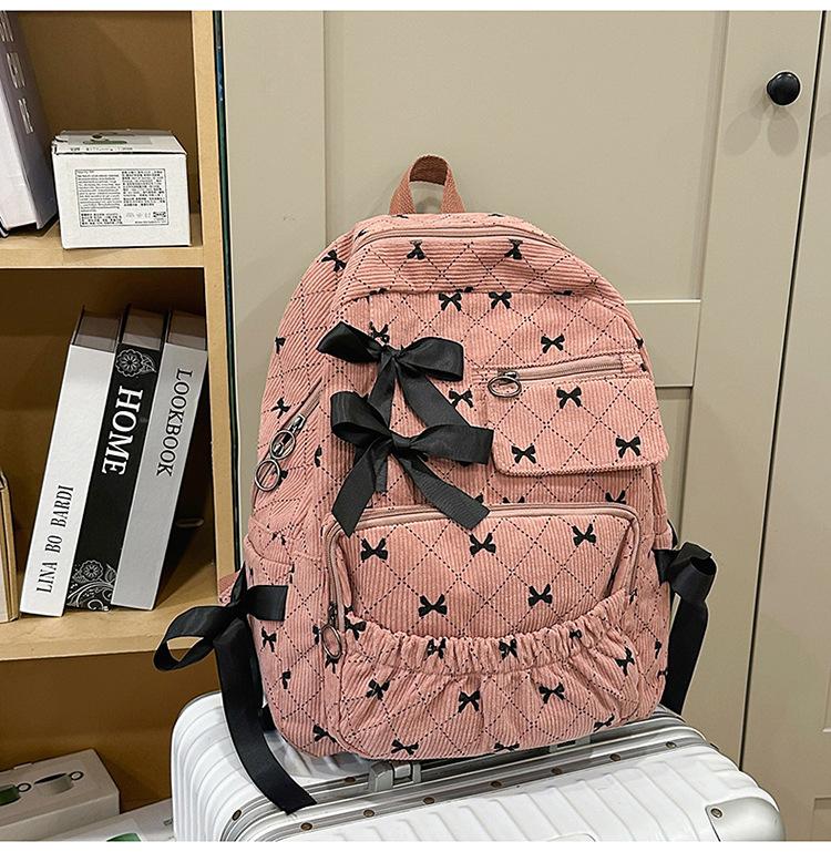New Corduroy Casual Cute Fashion Versatile Bow Stripe Backpack Korean Style High Appearance Student Bookbag