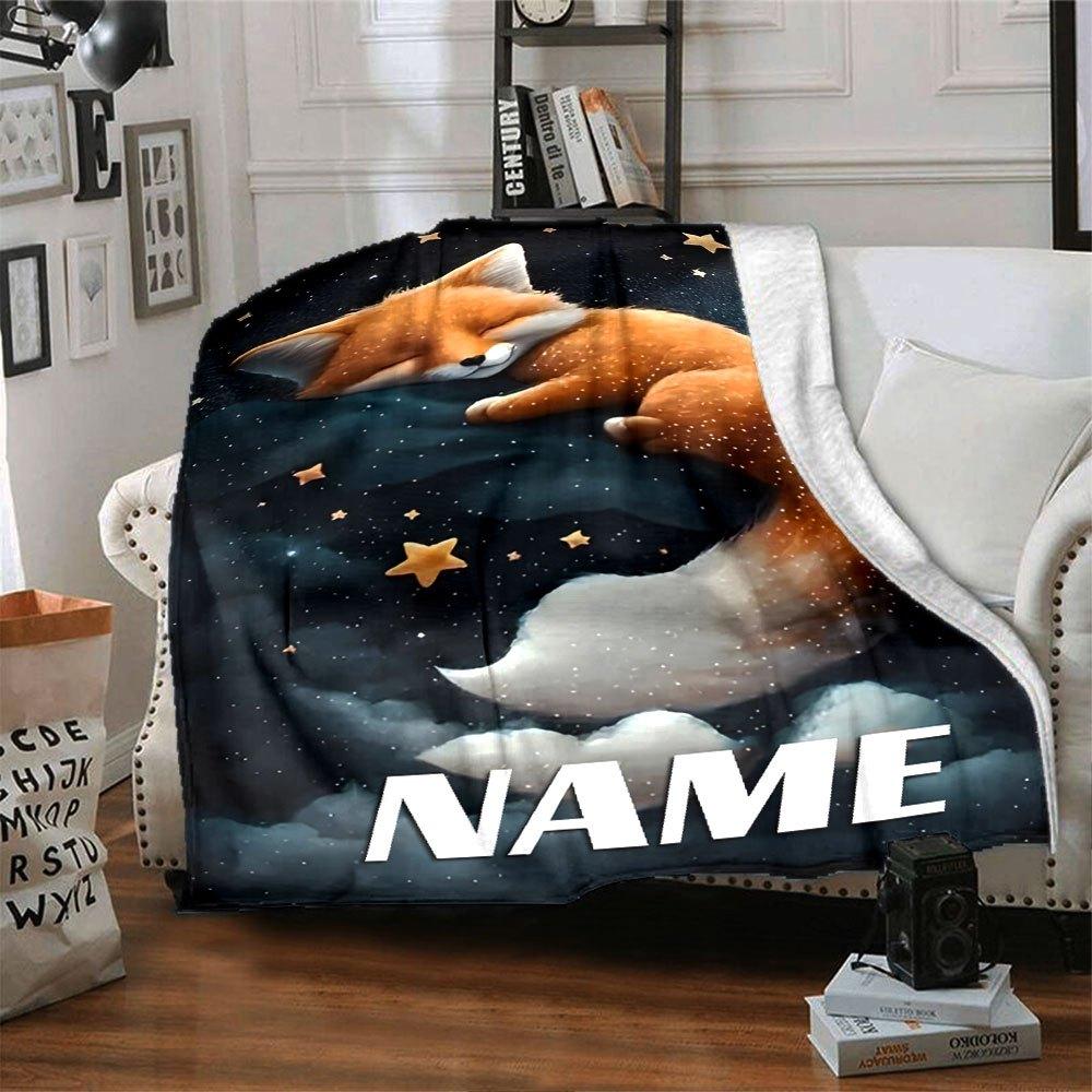 Cute Fox Sleeping On A Starry Night Sky With Fluffy Clouds And Twinkling Stars Gift Customizable Blanket Personalized Name Soft Cozy Throw For Sofa