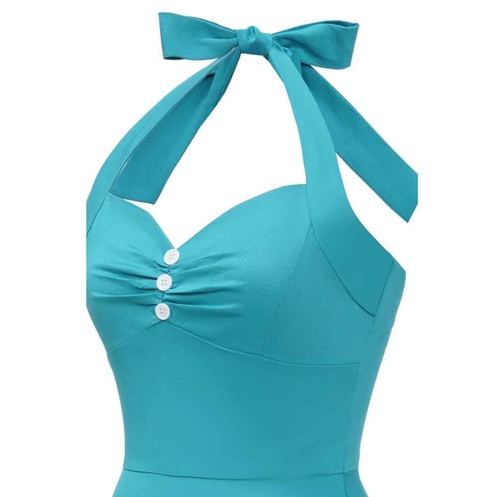 Retro-style Pleated Halter-neck Slimming V-neck Backless Tie-front Orchid Blue Flared Dress – Elegant Performance Attire
