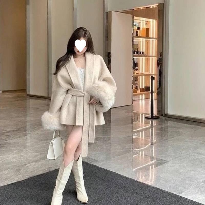 

Пальто женское короткое из шерсти и меха лисы Тосси, элегантное двустороннее шерстяное пальто-кардиган для офисной леди, свободного кроя M