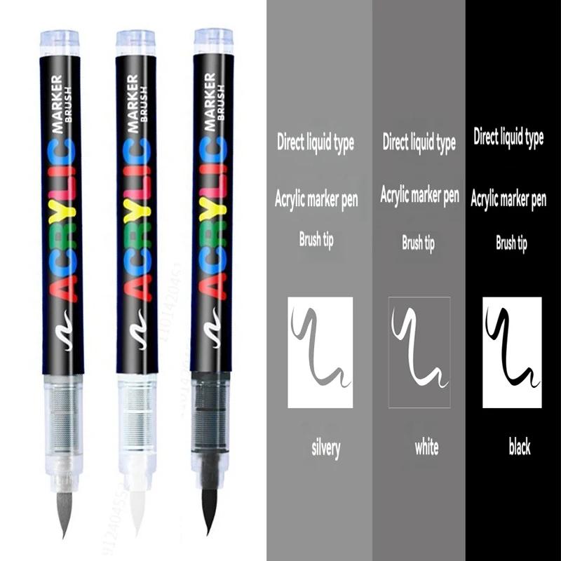 3Pcs Acrylic White/Black/Red/Blue Marker Brush Pens Art Markers for Rock Painting Stone Glass Wood Fabric Metal Tire Canvas