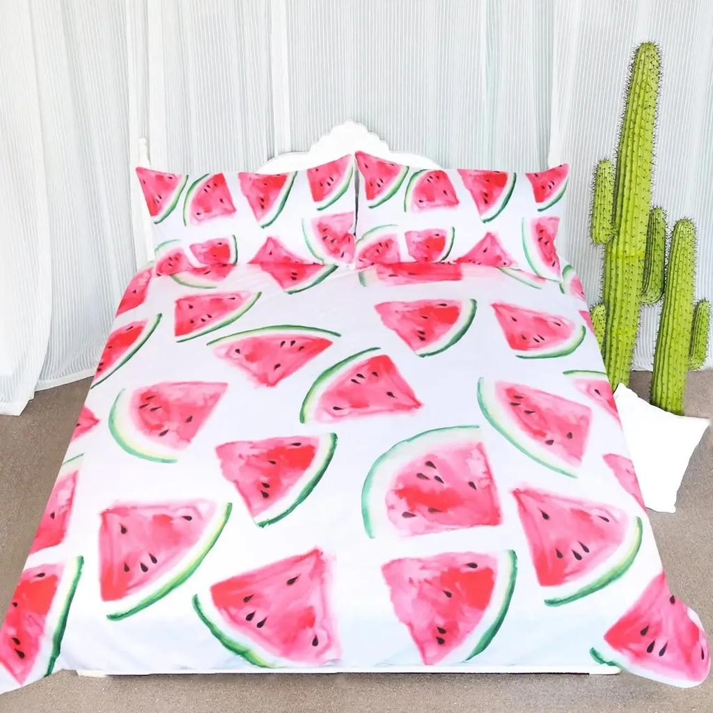 Watermelon Duvet Cover Set Green and Red Colour Polyester Comforter Cover King Queen Full Size for Kids Teens Adults Bedding Set