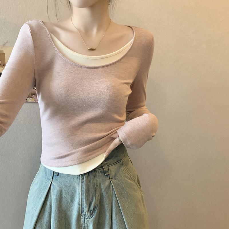 

Футболка с длинными рукавами в стиле колор-блок, состоящая из двух частей, для женщин на весну, новые облегающие и чистые топы, нижнее белье, базовая рубашка S