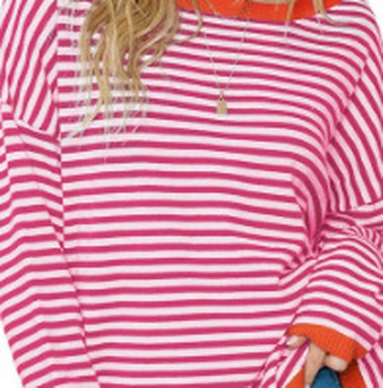 2025 Striped Contrast Knit Sweater: European & American Style, Drop Shoulder Long Sleeve