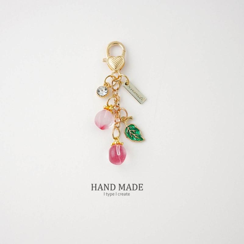 Mobile Phone Lanyard Cute Peach Fruit Phone Charm Couple Keychain Bell Orchids Flower Keyring for Keys Hangings Charm