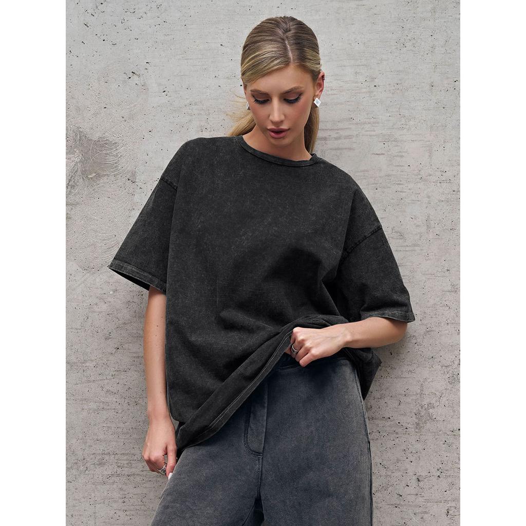 Cotton Retro T-shirt Men Women Vintage Short-sleeve Wax Printing T Shirts Solid Color Hip Hop Loose Tees Plus Size