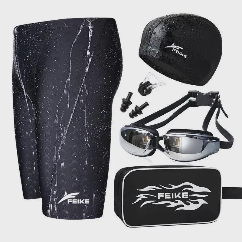 Men’s Quick-Drying Waterproof Swim Trunks with Shark Skin Cap & Goggles Set