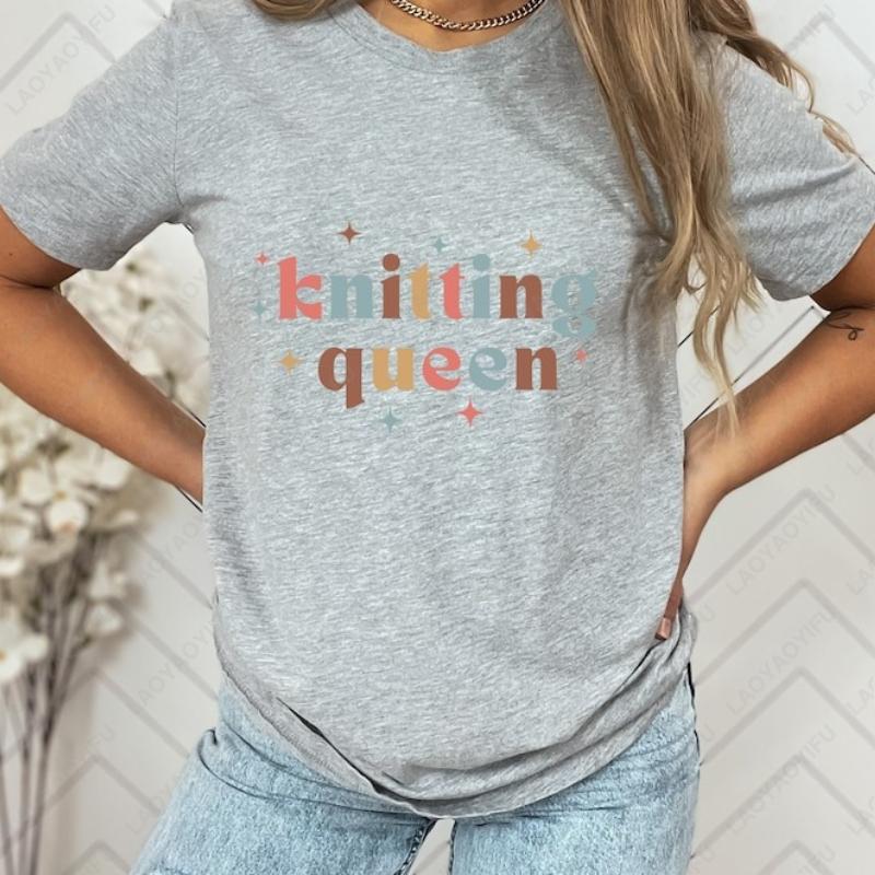 

Knitting Queen Oneck Printed Cotton TShirt Womens Gift Bright Words Tee Unique Font Creative Trend Casual Style Tops De Mujer S