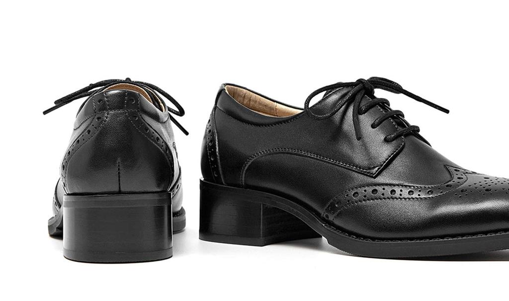 Genuine Thick Oxford [ZUYEE] Women's Lace-up Shoes, Leather, Wingtip, Heel, Shoes, Commuting, Black, 23.0cm