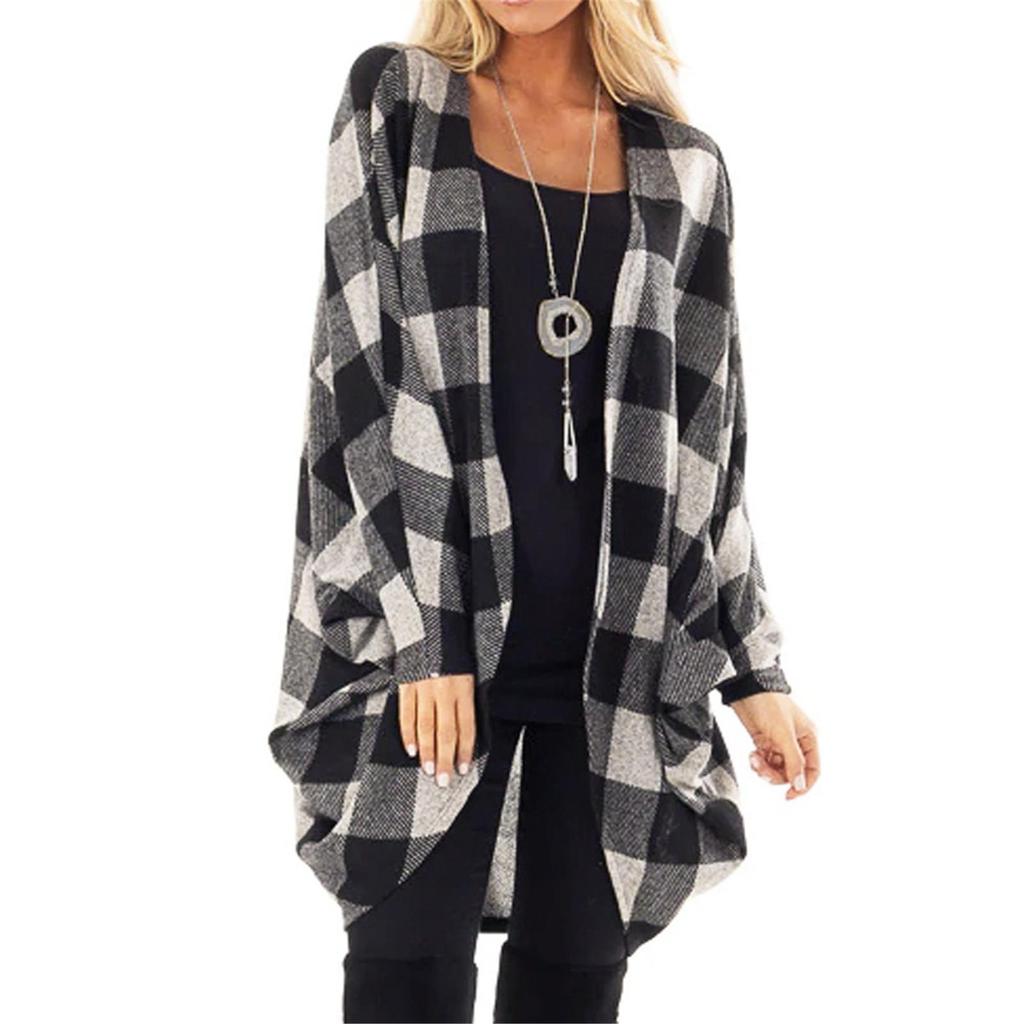 Long Sleeve Open Front Cardigans For Women Casual Plaid Patchwork Outwear
