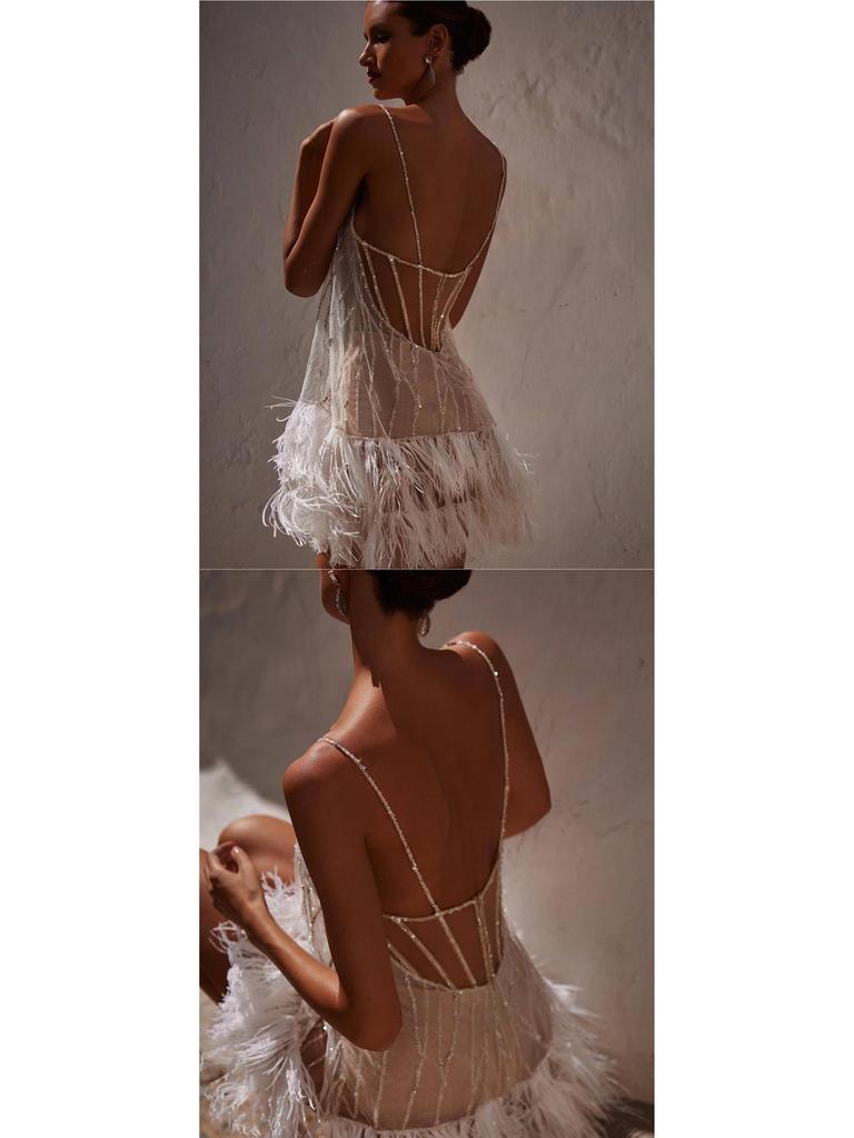 Rochie de Petrecere Sexy Europeană & Americană Fără Spate cu Plasă cu Paiete și Franjuri și Bretele Subțiri
