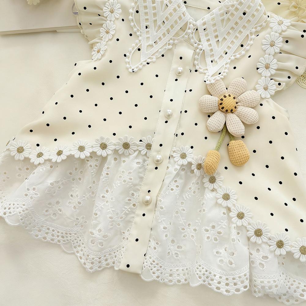 Girls Summer Polka Dot Daisy Ruffle Sleeve Lace Top And Shorts Two Piece Set Cute Casual Outfit For Kids