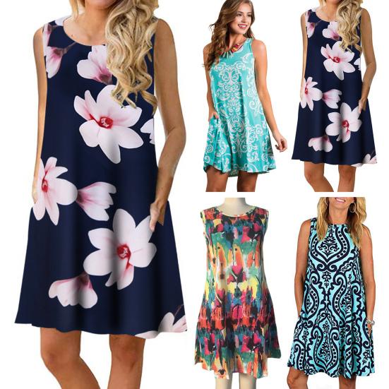 

Женское летнее платье с цветочным принтом без рукавов и круглым вырезом, свободное трапециевидное мягкое дышащее платье длиной выше колена, повседневное пляжное мини-платье M