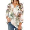 Women's Fashion Casual Floral Print V-Neck Decorative Button Three-quarter Sleeve T-Shirt Top