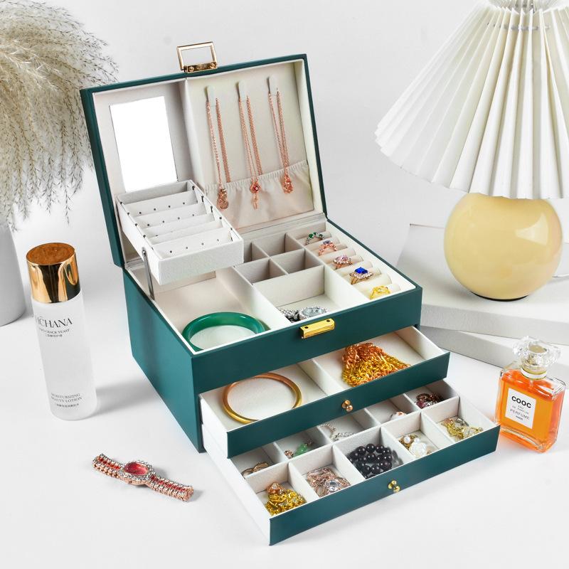 Cuir PU de haute qualité à trois couches Type tiroir Anti-poussière Anti-oxydation Multifonctionnel Boîte de rangement pour bagues boucles d'oreilles colliers