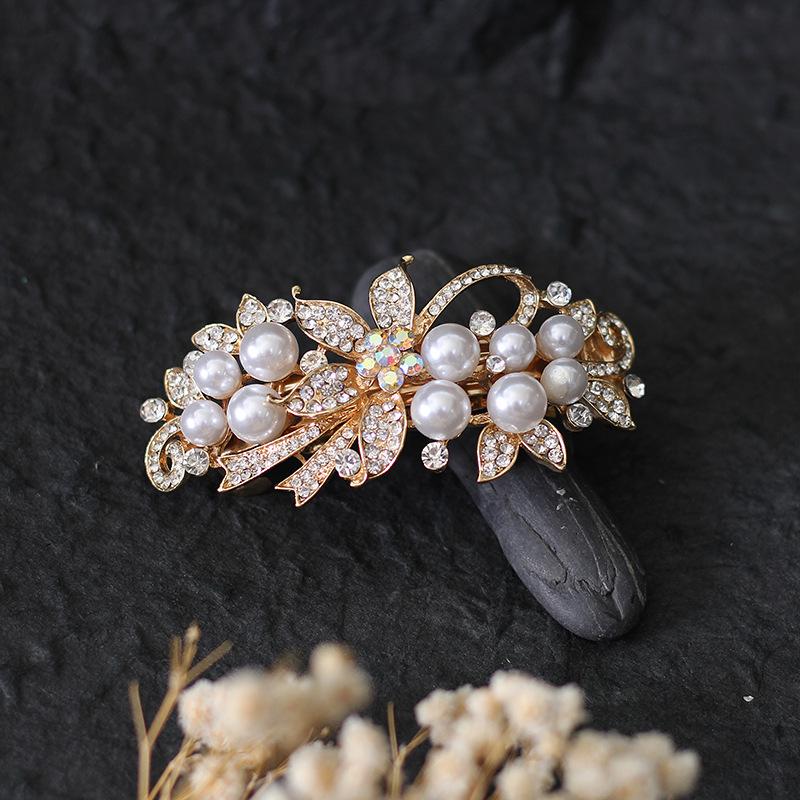 Light Luxury Imitation Pearl Flower Hairpin, Female Back Head Hair Tie, Spring Clip Hairpin, Headgear Clip, Alloy Hair Accessories