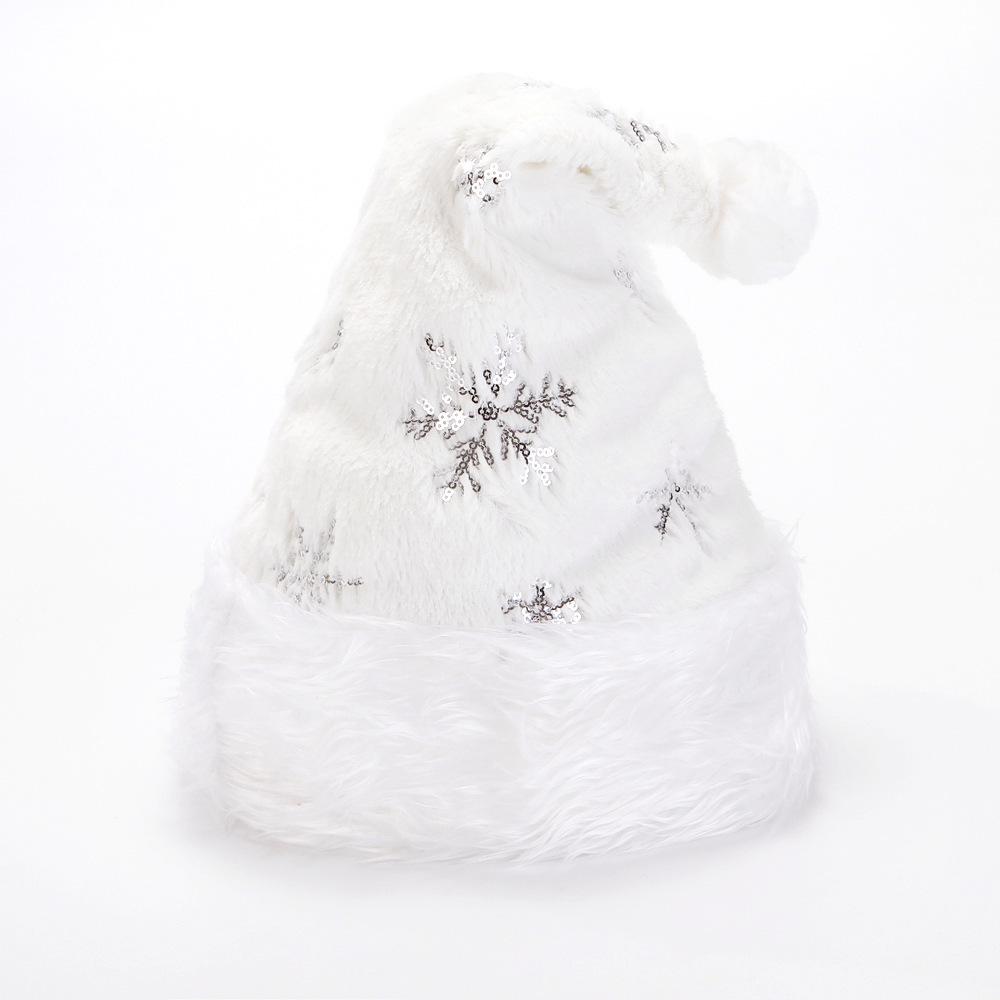 White Plush Santa Hat with Gold and Silver Beads, Sequin Snowflake Embroidery - Adult Christmas Decoration