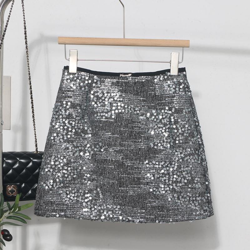 Heavy Industry Silver Sequined Skirt Female Small 2025 Sparkling Streamer A-line Bag Hip Skirt Zipper Uchimura Female Skirt