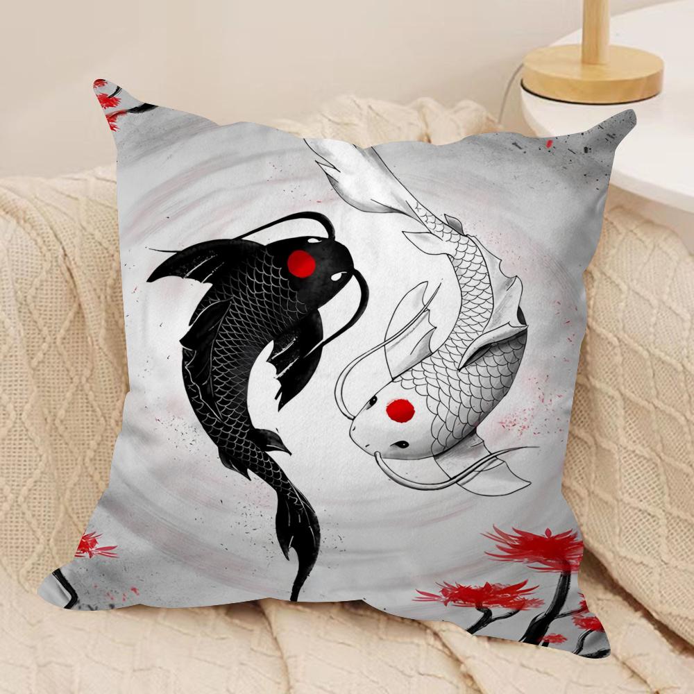 Koi Fish Sun Cushion Cover Silky Short Plush Sofa Pillow Cover Hidden Zipper Soft Dustproof Case for Home Decor