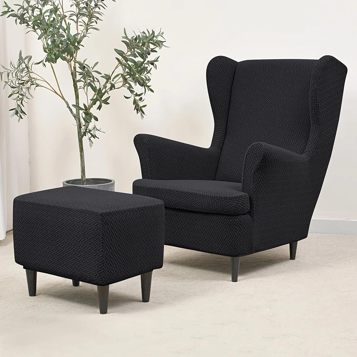 3-delige Stretch Wing Chair Cover Met Voetenbank Scandinavische Afneembare Fauteuil Bank Beschermhoes Set 3pcs set zwart