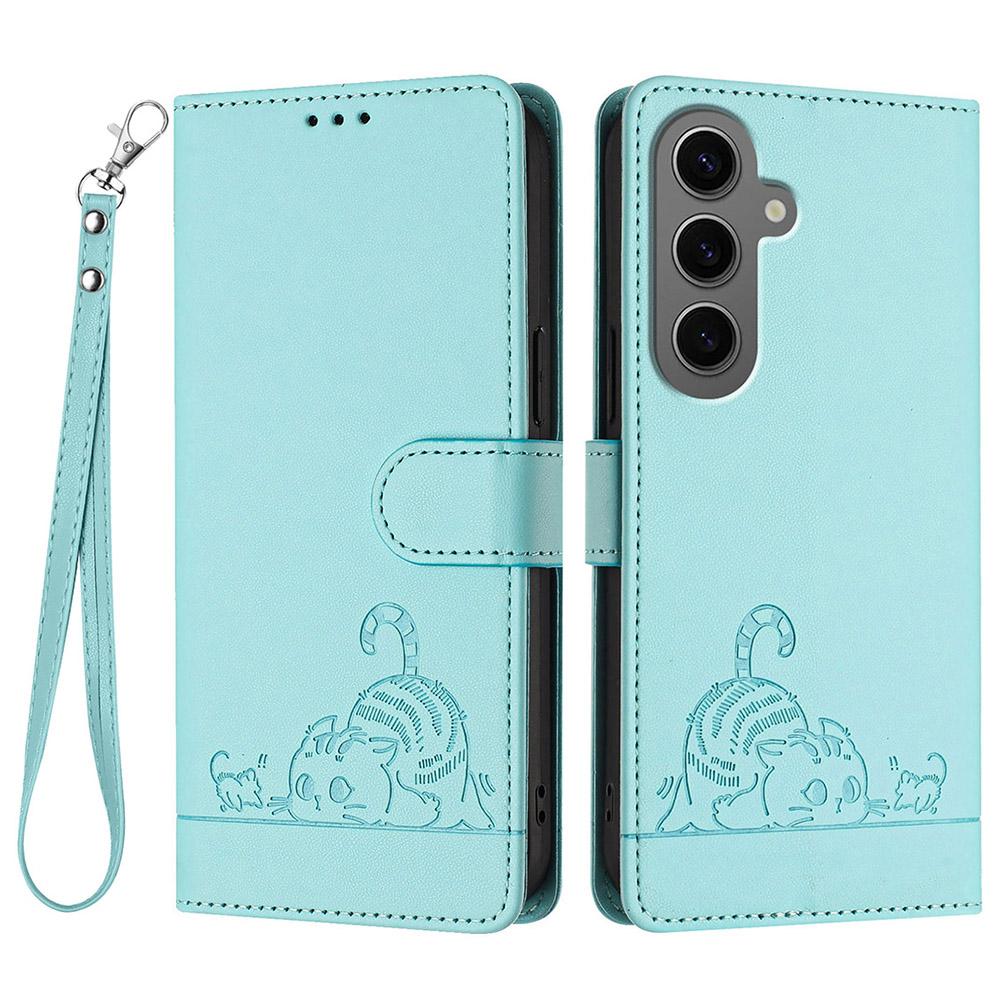 Für Samsung Galaxy S24+ Hülle mit Trageband RFID-Blockierendes Leder-Wallet Handyhülle Katze Maus Muster