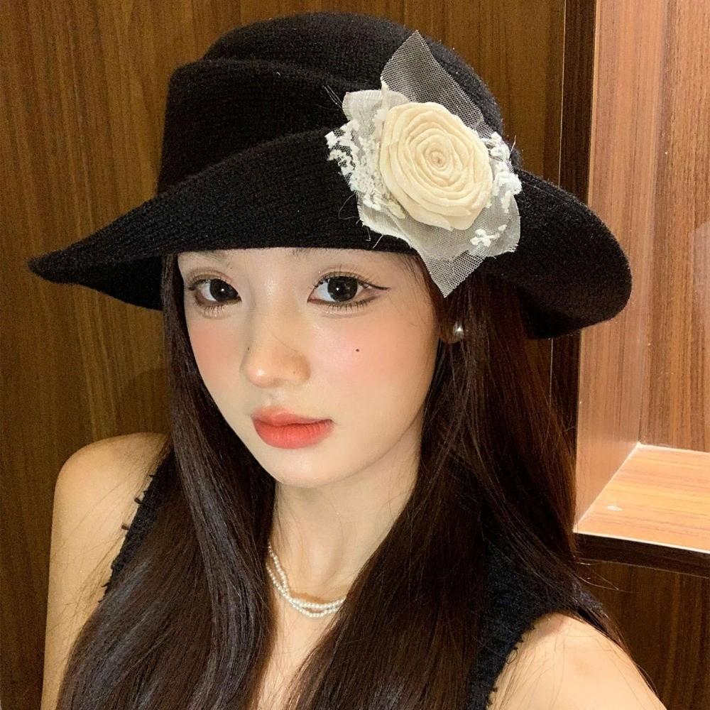 Floral Black Knitted Hat French Style Women Fisherman Hat Retro Hepburn Style Topper Hat Dinner