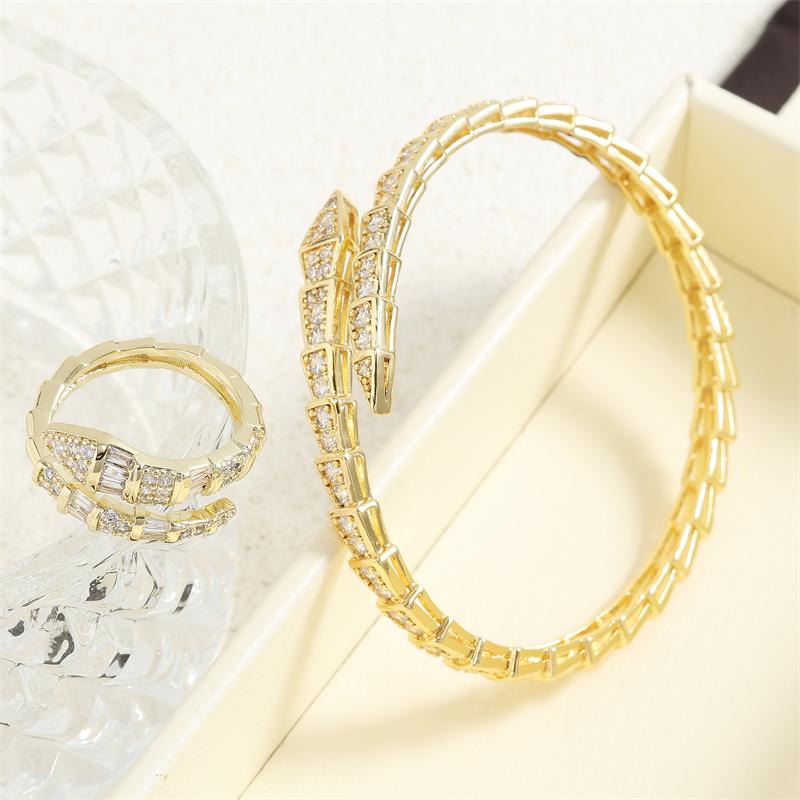 ZAKOL Luxury Shiny AAA Cubic Zirconia Snake Bone Bangles Rings Set for Women Sliver Color Wedding Party Jewelry Set