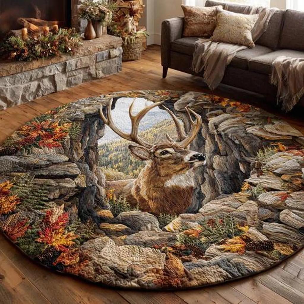 Deer Circular Living Room Mat, Anti Slip Carpet for Placing in The Bathroom Bedroom Living Room Gaming Atmosphere Home Rugs