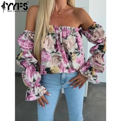 Women's Fashion Casual Summer Spring Flower Pattern Print Long Sleeve One Shoulder Blouses & Shirts