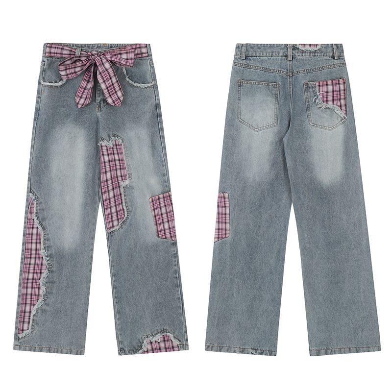 Båge Snörning Lapptäcke Jeans Dam Höstmode Amerikansk Liten Man Hög Midja Smala Lösa Vida Ben Långa Byxor