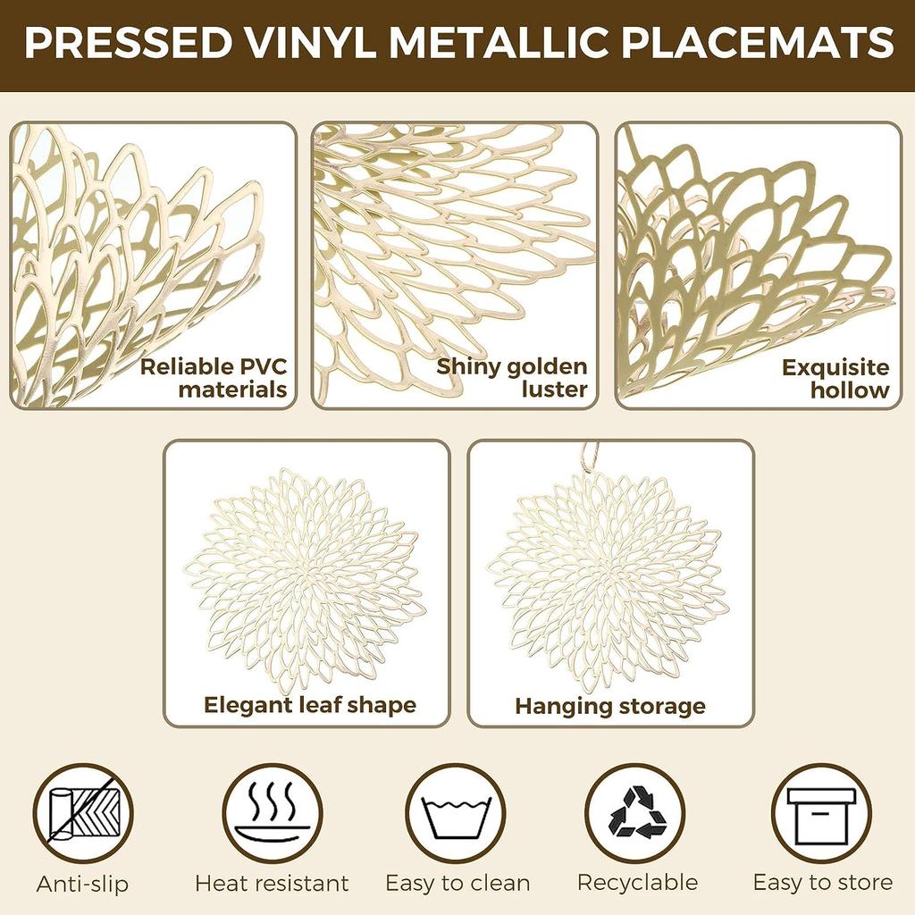 4Pc PVC Placemats Hollow Out Leaf Place Mats Washable Heat Resistant Vinyl Table Mats for Kitchen Dining Table Wedding Coasters