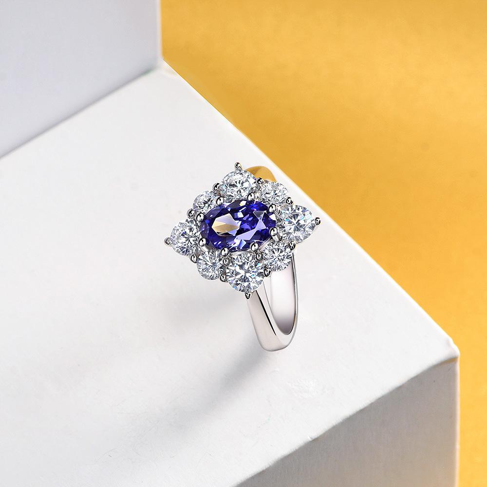 Tancise Jewelry 925 Sterling Silver Ring Female Joker Luxury Personality Egg-shaped Sapphire Luxury Diamond Ring.