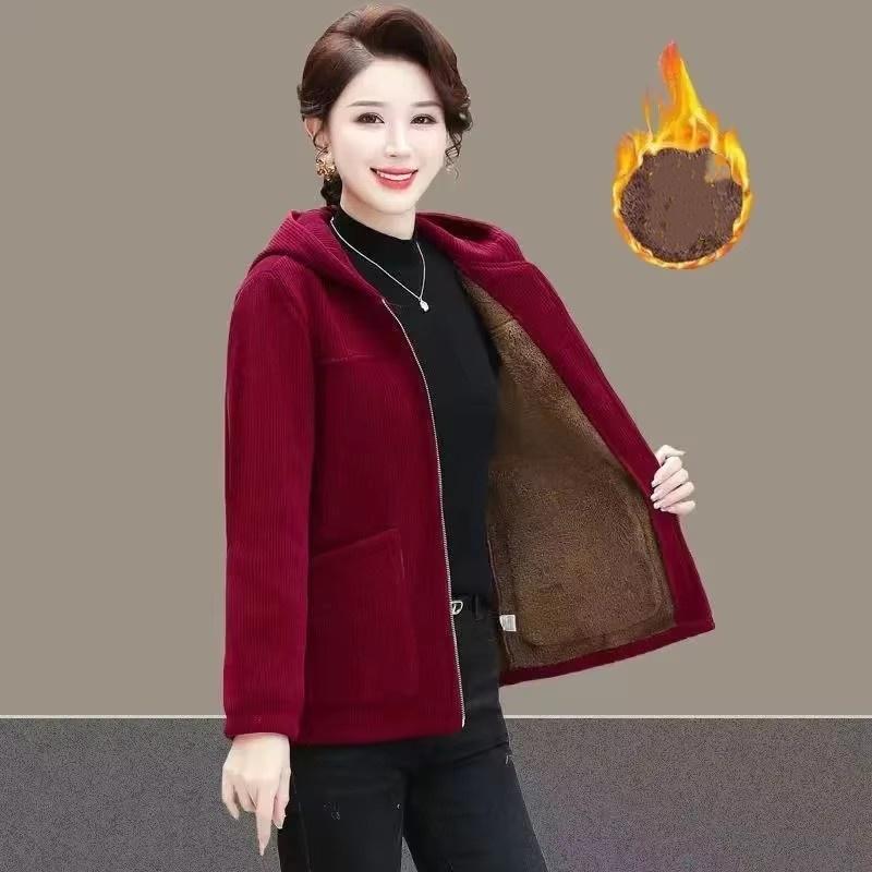

Осінньо-зимова куртка жіноча вельветова тепла плюс оксамитовий кардиган з капюшоном повсякденний потовщений великого розміру XS вина червоного кольору