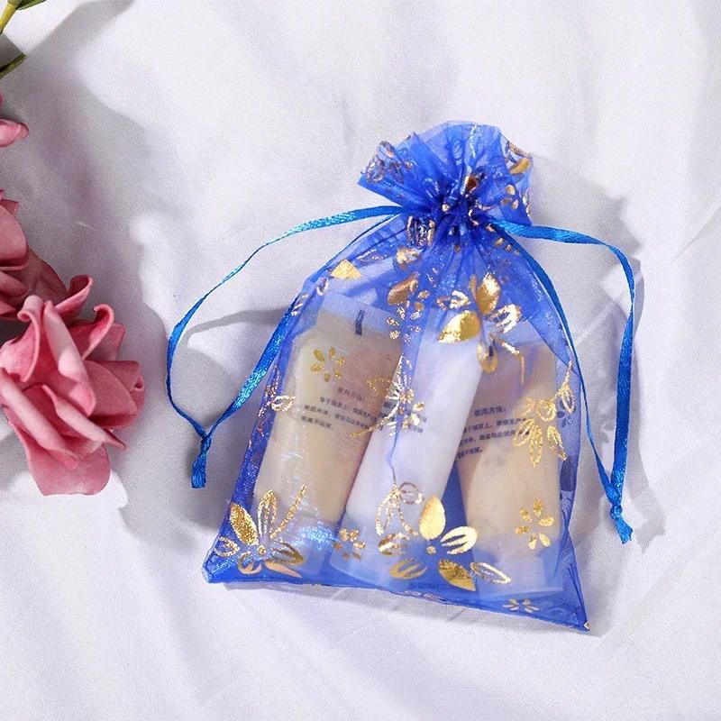 50piece Gold Stamp Rose Pattern Gauze Bag Colorful Pull Rope Self Sealing Storage Bags Candy Gift Accessory Package Jewelry Pouc
