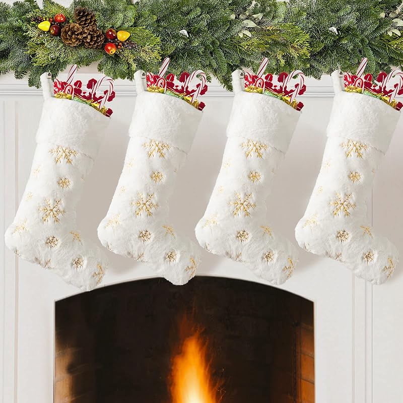 2PCS Plush Christmas Stockings White Faux Fur Large 56cm Deluxe Hanging Xmas Stockings with Silver Sequin Snowflake for Christmas Fireplace