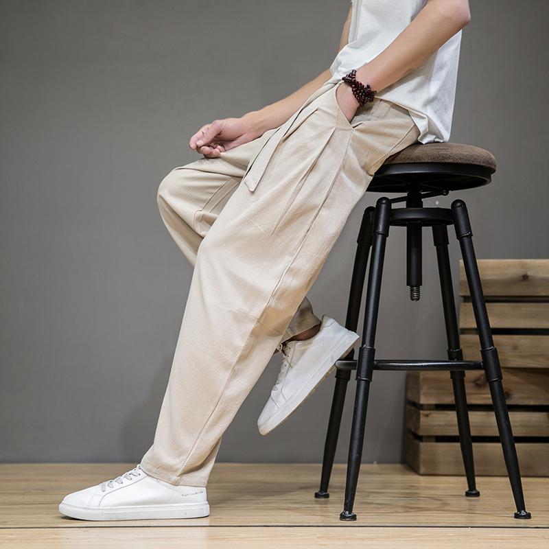 Jarné bavlneno-ľanové nohavice pánske elastický pás ležérne harémové nohavice voľné tepláky tradičné čínske nohavice pantalons homme