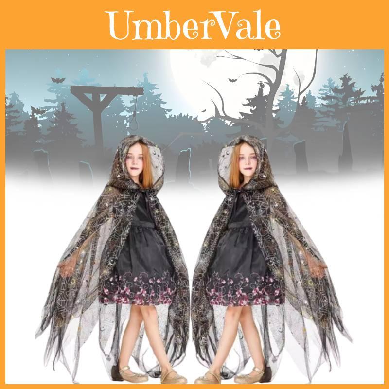 Enchanting Black Halloween Cloak With Spider Pattern Tail For Kids Dress Up Costume