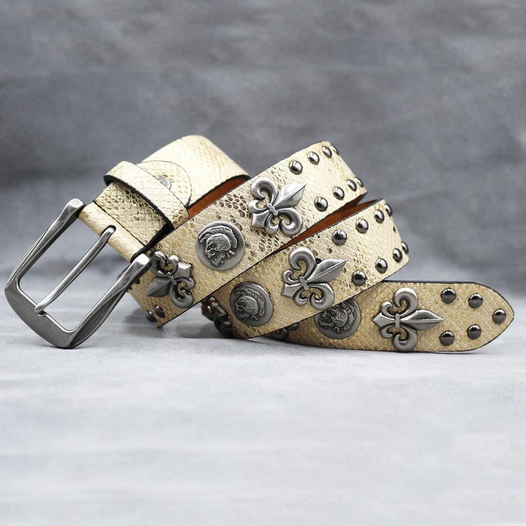 Kožený opasek s nýty ve tvaru lebky: Unisex punkový pásek s potiskem hada