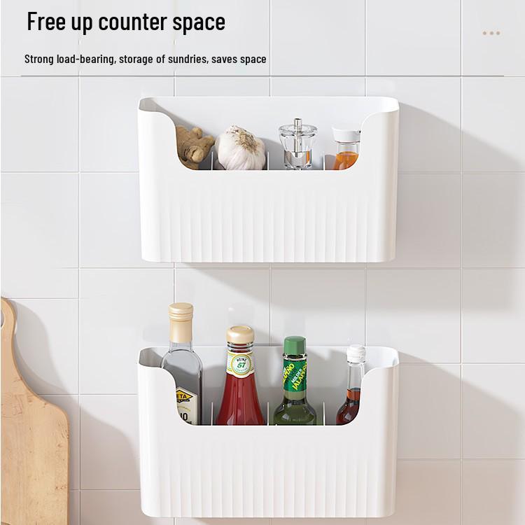 Wall-Mounted Storage Box for Kitchen and Bathroom, No-Drill Cling Film and Shampoo Holder.